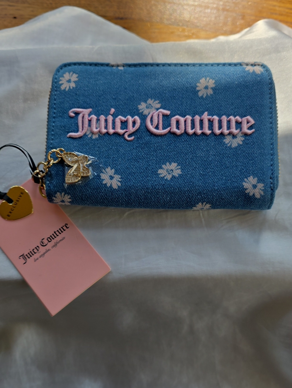 Juicy Couture Denim Daisy Zip Wallet with Pink Logo & Butterfly Charm